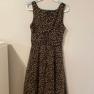 Sleeveless, low v neck, Brown a-line midi, polka dot party dress